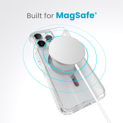 A case with phone inside with camera facing up and MagSafe wireless charger hovering above with concentric circles eminating from charger to signify power transfer. Text in image reads built for MagSafe.#color_clear-chrome