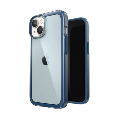 Three-quarter view of back of phone case simultaneously shown with three-quarter front view of phone case#color_glass-navy-winter-navy