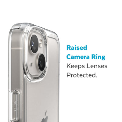 Slightly tilted view of side of phone case showing phone cameras - Raised camera ring keeps lenses protected.#color_clear