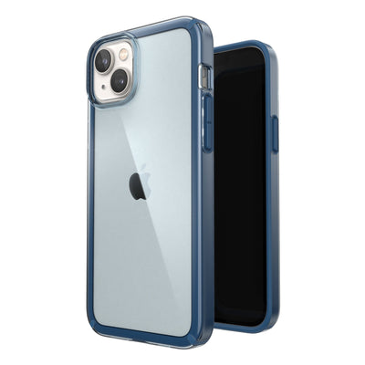 Three-quarter view of back of phone case simultaneously shown with three-quarter front view of phone case#color_glass-navy-winter-navy