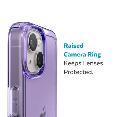 Slightly tilted view of side of phone case showing phone cameras - Raised camera ring keeps lenses protected.#color_amethyst-tint