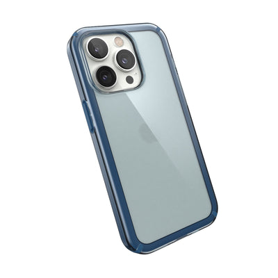 Tilted three-quarter angled view of back of phone case#color_glass-navy-winter-navy