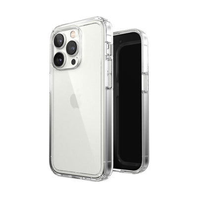 Three-quarter view of back of phone case simultaneously shown with three-quarter front view of phone case#color_clear