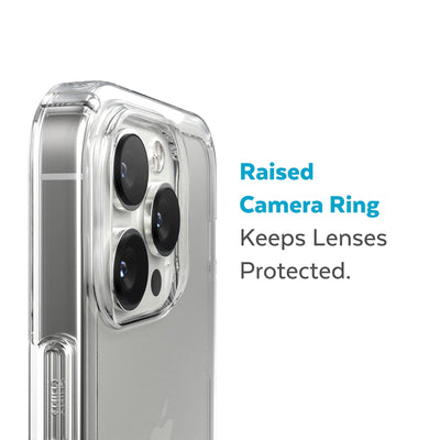 Slightly tilted view of side of phone case showing phone cameras - Raised camera ring keeps lenses protected.#color_clear