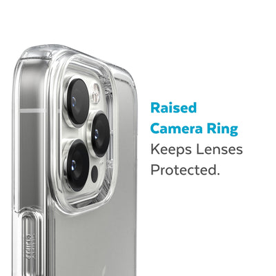 Slightly tilted view of side of phone case showing phone cameras - Raised camera ring keeps lenses protected.#color_clear