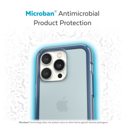 Back view of phone case with halo protecting it from bacteria - Microban antimicrobial product protection.#color_glass-navy