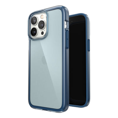 Three-quarter view of back of phone case simultaneously shown with three-quarter front view of phone case#color_glass-navy