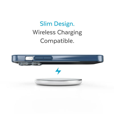 Side view of phone case hovering above a wireless charger - Slim design. Wireless charging compatible.#color_glass-navy