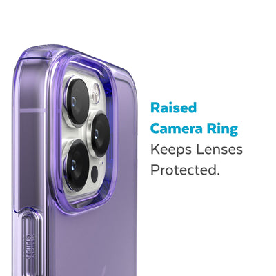 Slightly tilted view of side of phone case showing phone cameras - Raised camera ring keeps lenses protected.#color_amethyst-tint