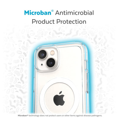 Back view of phone case with halo protecting it from bacteria - Microban antimicrobial product protection.#color_clear-white