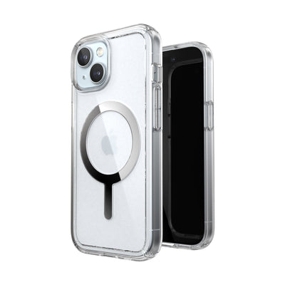 Three-quarter view of back of phone case simultaneously shown with three-quarter front view of phone case.#color_clear-chrome