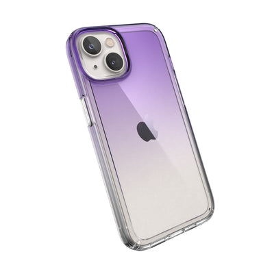 Tilted three-quarter angled view of back of phone case#color_amethyst-purple-fade-clear