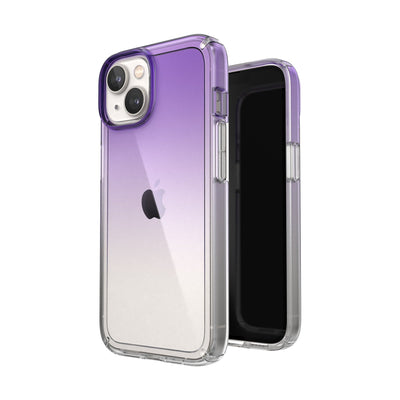 Three-quarter view of back of phone case simultaneously shown with three-quarter front view of phone case#color_amethyst-purple-fade-clear