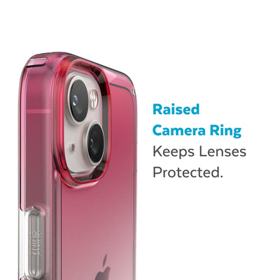 Slightly tilted view of side of phone case showing phone cameras - Raised camera ring keeps lenses protected.#color_digital-pink-fade-clear