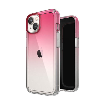 Three-quarter view of back of phone case simultaneously shown with three-quarter front view of phone case#color_digital-pink-fade-clear