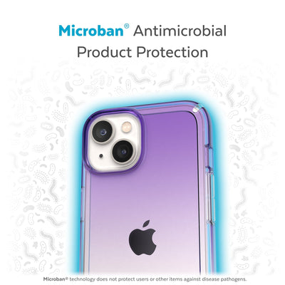 Back view of phone case with halo protecting it from bacteria - Microban antimicrobial product protection.#color_amethyst-purple-fade-clear