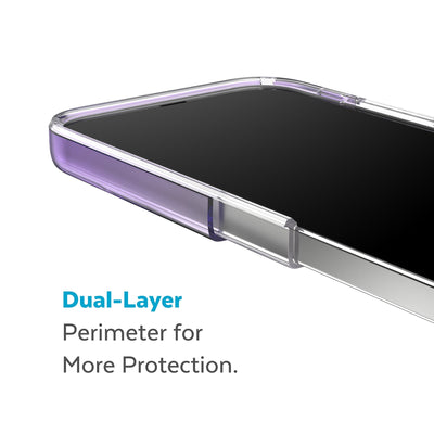 Cutaway view of case showing interior and exterior layers - Dual layer perimeter for more protection.#color_amethyst-purple-fade-clear