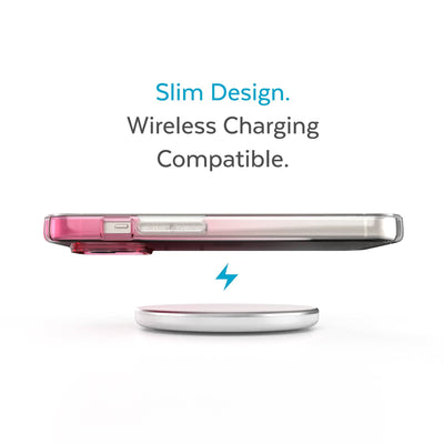 Side view of phone case hovering above a wireless charger - Slim design. Wireless charging compatible.#color_digital-pink-fade-clear