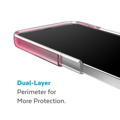 Cutaway view of case showing interior and exterior layers - Dual layer perimeter for more protection.#color_digital-pink-fade-clear