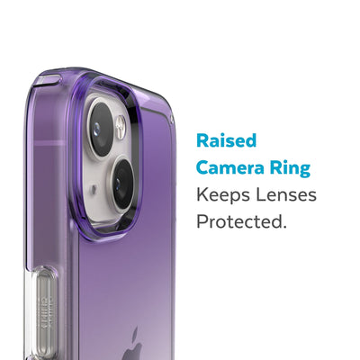 Slightly tilted view of side of phone case showing phone cameras - Raised camera ring keeps lenses protected.#color_amethyst-purple-fade-clear