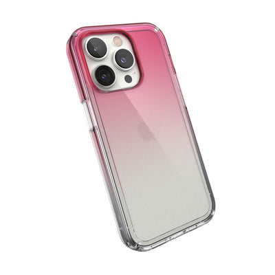 Tilted three-quarter angled view of back of phone case#color_digital-pink-fade-clear