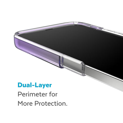 Cutaway view of case showing interior and exterior layers - Dual layer perimeter for more protection.#color_amethyst-purple-fade-clear