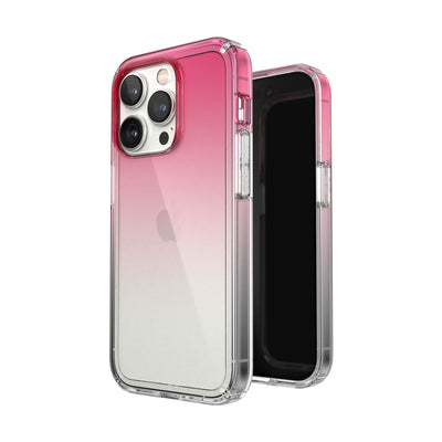 Three-quarter view of back of phone case simultaneously shown with three-quarter front view of phone case#color_digital-pink-fade-clear