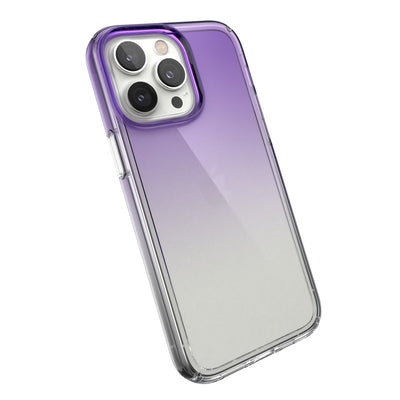 Tilted three-quarter angled view of back of phone case#color_amethyst-purple-fade-clear