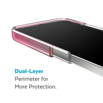 Cutaway view of case showing interior and exterior layers - Dual layer perimeter for more protection.#color_digital-pink-fade-clear