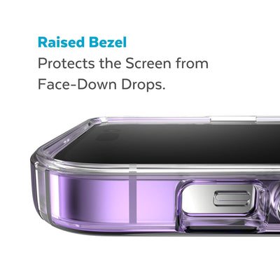 View of top of phone case laying on its back - Raised bezel protects the screen from face-down drops.#color_amethyst-purple-fade-clear