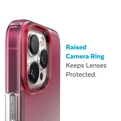 Slightly tilted view of side of phone case showing phone cameras - Raised camera ring keeps lenses protected.#color_digital-pink-fade-clear