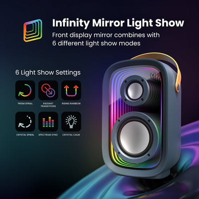 Three-quarter front view of speaker on abstract background with icons representing various light show modes. Infinity mirror light show - front display mirror combines with 6 different light show modes#color_dark-grey-chrome-tan