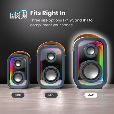 Front view of all three sizes of Gemtones Infinity speakers with rainbow light show activated. Fits right in - 3 size options (7 inch, 9 inch, and 11 inch) to compliment your space. Max 11-inch speaker highlighted#color_dark-grey-chrome-tan