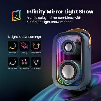 Three-quarter front view of speaker on abstract background with icons representing various light show modes. Infinity mirror light show - front display mirror combines with 6 different light show modes#color_dark-grey-chrome-tan