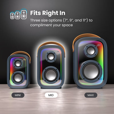 Front view of all three sizes of Gemtones Infinity speakers with rainbow light show activated. Fits right in - 3 size options (7 inch, 9 inch, and 11 inch) to compliment your space. Mid (9-inch) speaker highlighted#color_dark-grey-chrome-tan