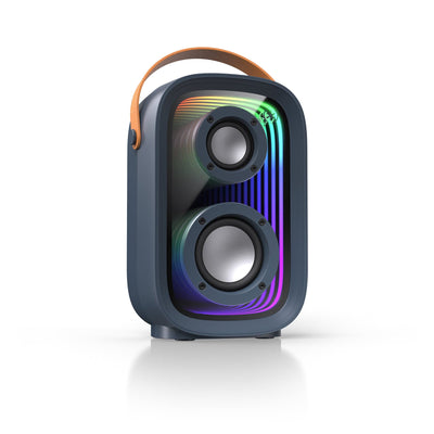 Three-quarter view of speaker with rainbow colored light show activated#color_dark-grey-chrome-tan