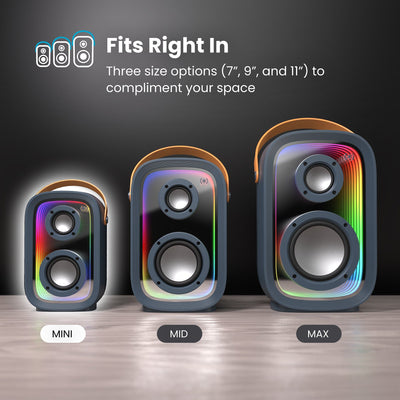 Front view of all three sizes of Gemtones Infinity speakers with rainbow light show activated. Fits right in - 3 size options (7 inch, 9 inch, and 11 inch) to compliment your space. Mini (7-inch) speaker highlighted#color_dark-grey-chrome-tan