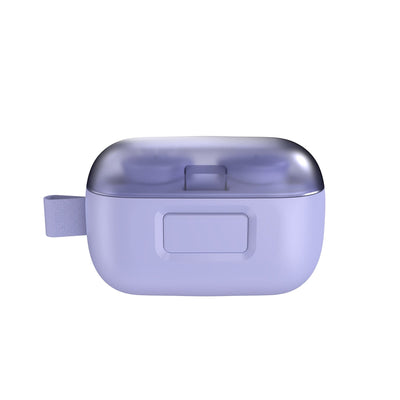 Straight-on front view of earbuds in their case with lid closed.#color_pop-purple