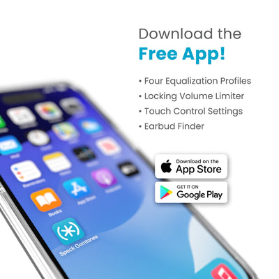 Close-up of a phone screen highlighting the Speck app - Download the free app! Four equalization profiles, locking volume limiter, touch control settings, earbud finder. Download on the Apple App Store. Get it on Google Play.#color_white-album