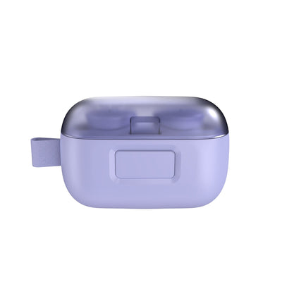 Straight-on side view of earbuds in their case with lid closed.#color_pop-purple