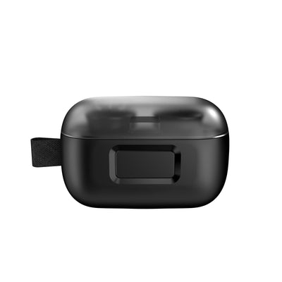 Straight-on side view of earbuds in their case with lid closed.#color_back-in-black