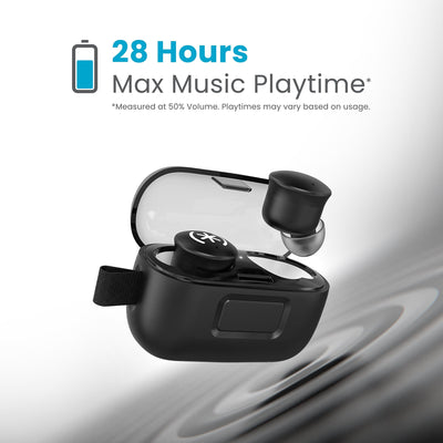 Tilted three-quarter angled view of earbud case open with one earbud hovering above it's indentation and the other locked into the case. 28 hours max music playtime (measured at 50% volume - playtimes may vary based on usage).#color_back-in-black