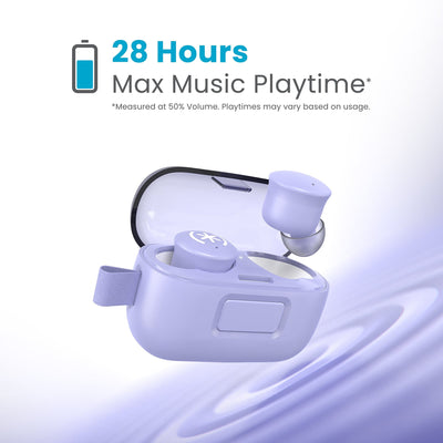 Tilted three-quarter angled view of earbud case open with one earbud hovering above it's indentation and the other locked into the case. 28 hours max music playtime (measured at 50% volume - playtimes may vary based on usage).#color_pop-purple