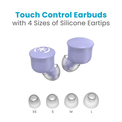 Top view of both earbuds next to each other without case and four sizes of silicone tips below them. Touch control earbuds with four sizes of silicone eartips - extra small, small, medium, and large.#color_pop-purple