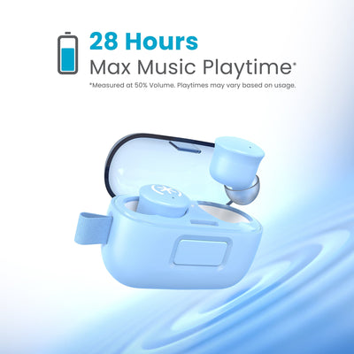 Tilted three-quarter angled view of earbud case open with one earbud hovering above it's indentation and the other locked into the case. 28 hours max music playtime (measured at 50% volume - playtimes may vary based on usage).#color_bop-blue