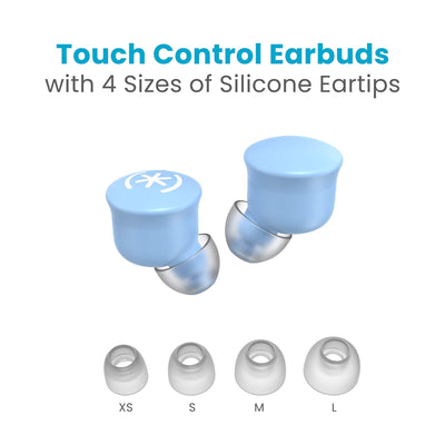 Top view of both earbuds next to each other without case and four sizes of silicone tips below them. Touch control earbuds with four sizes of silicone eartips - extra small, small, medium, and large.#color_bop-blue