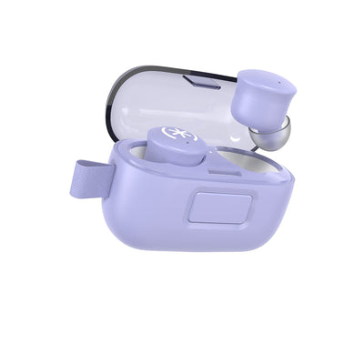 Tilted three-quarter angled view of earbud case open with one earbud hovering above it's indentation and the other locked into the case.#color_pop-purple