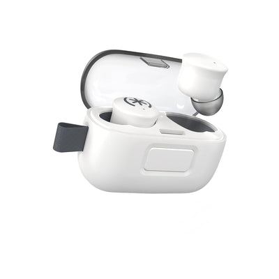Tilted three-quarter angled view of earbud case open with one earbud hovering above it's indentation and the other locked into the case.#color_white-album