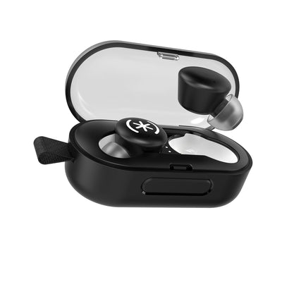 Tilted three-quarter angled view of earbud case open with one earbud hovering above it's indentation and the other locked into the case.#color_black-white