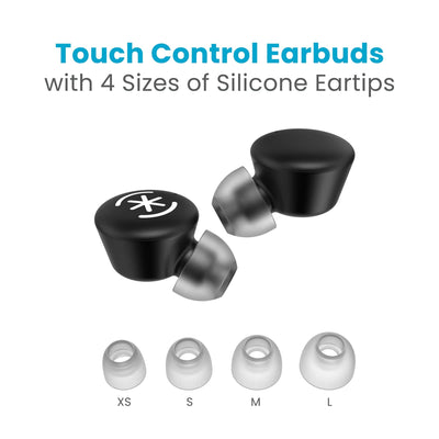 Top view of both earbuds next to each other without case and four sizes of silicone tips below them. Touch control earbuds with four sizes of silicone eartips - extra small, small, medium, and large.#color_black-white